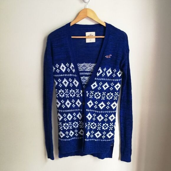 HOLLISTER Navy Blue & White Fair Isles Cotton Knitted Sweater Extra-Small - Picture 2 of 15